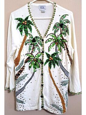 Just B Women's XL Off-White Beaded Cardigan Tropical Palms Grandmacore Vintage